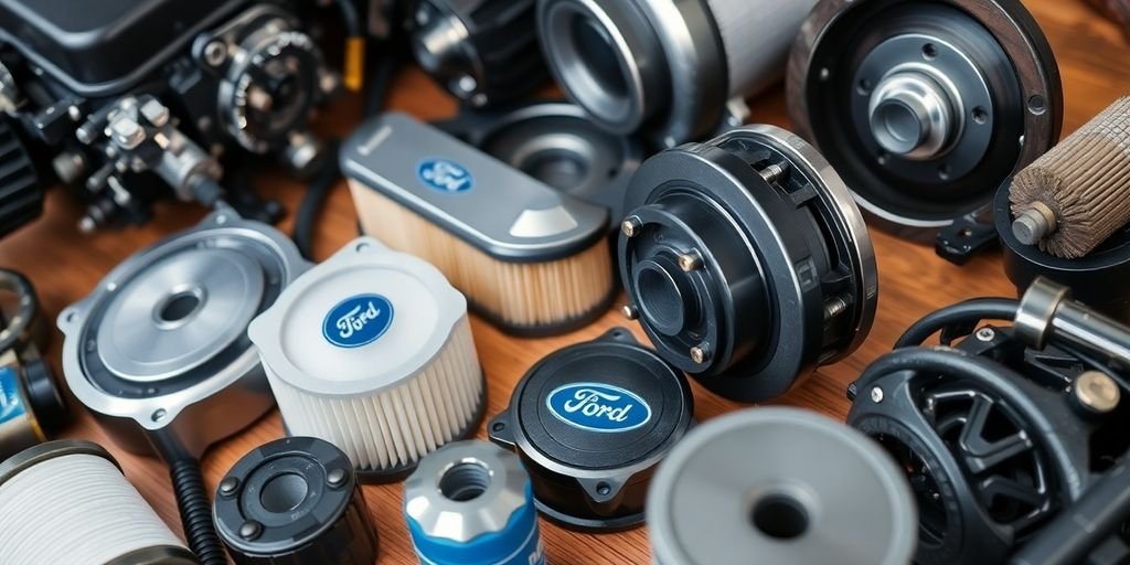 Quality Ford spare parts neatly arranged on a surface.