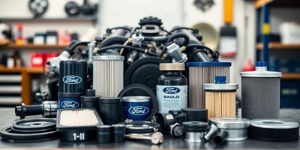 Assorted Ford replacement parts on a workbench.