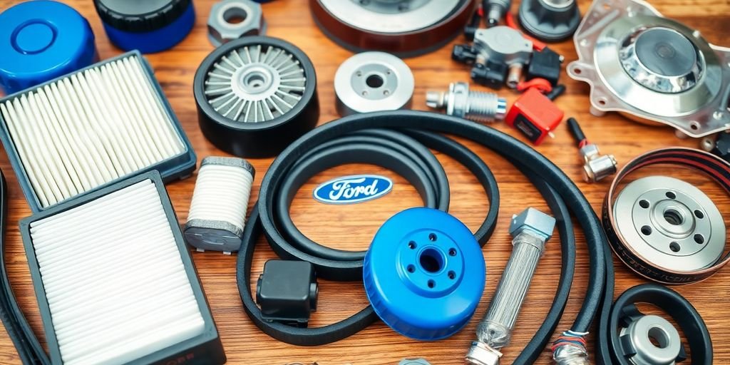 Affordable Ford car parts arranged on a wooden surface.