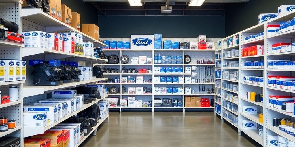 Ford vehicle parts displayed in a neat shop.