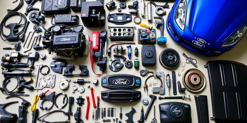 Various Ford car parts arranged on a clean surface.