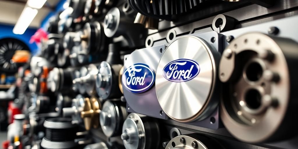 Genuine Ford parts on display in Brisbane auto shop.