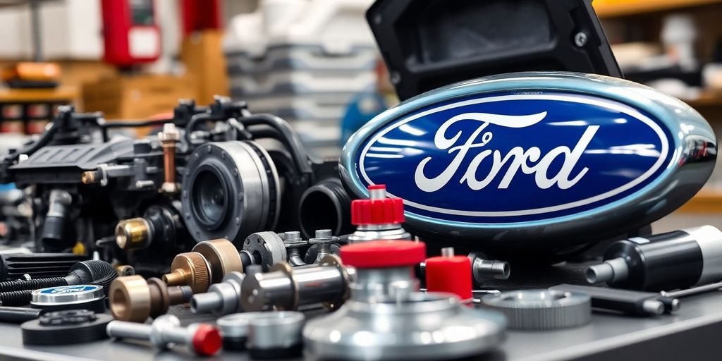 Close-up of Ford auto parts on a workshop table.