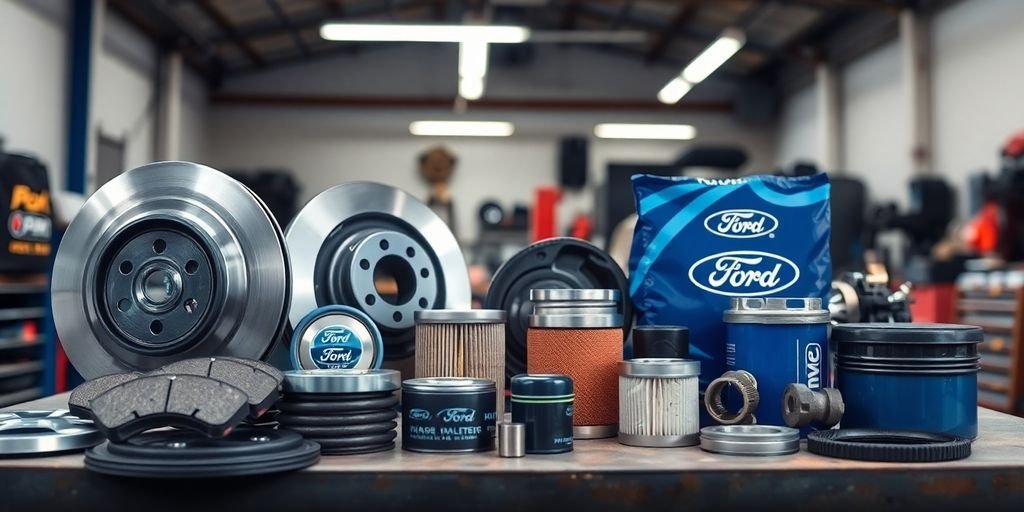 Close-up of quality Ford spare parts on a workbench.