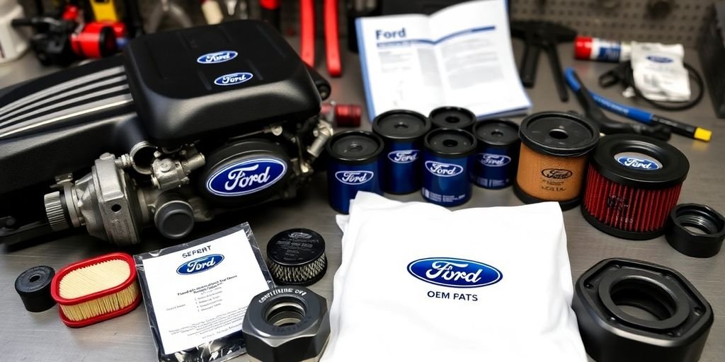 Close-up of Ford OEM parts on a workbench.
