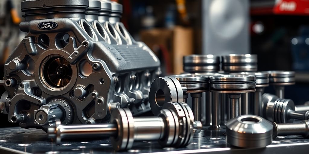 Ford engine parts on display.