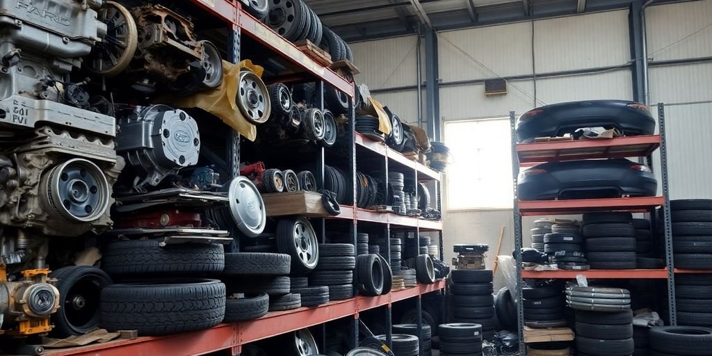 Used Ford auto parts stacked on shelves
