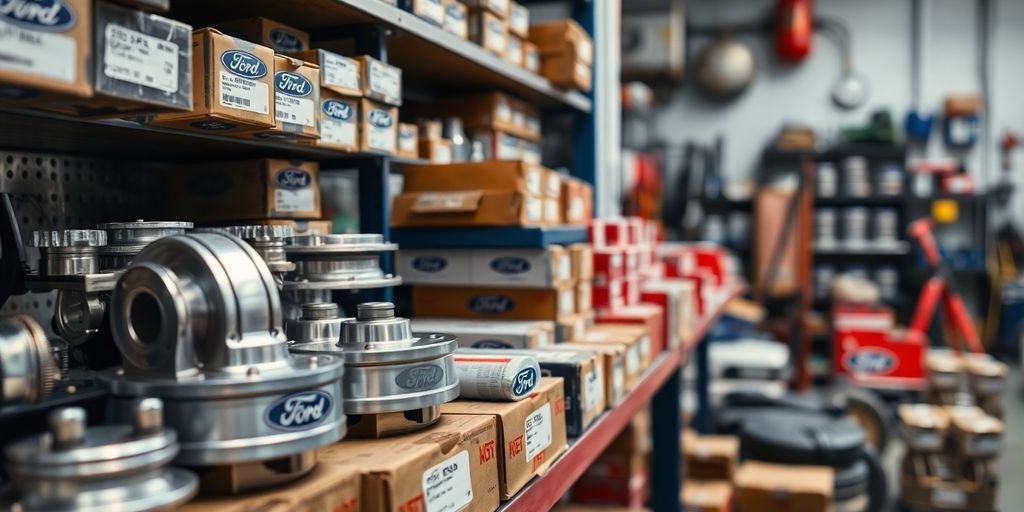 Ford parts on shelves.