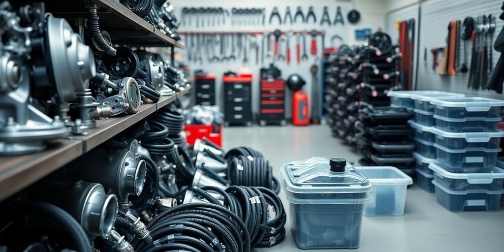 Ford car parts in an organized auto shop.