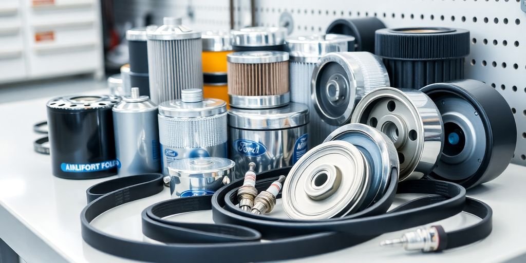 Ford parts laid out on a workbench.