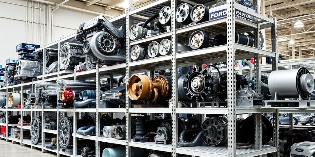 Ford car parts neatly organized on shelves.