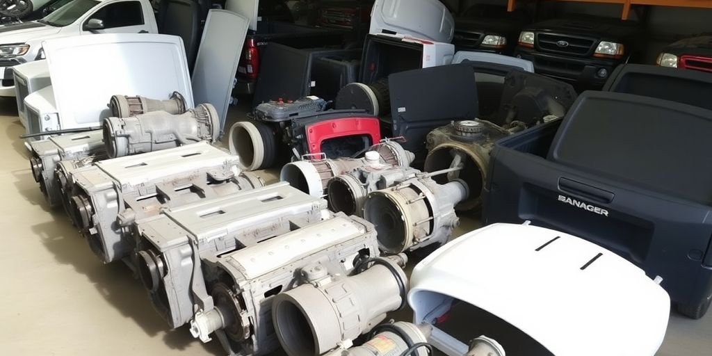 Ford Ranger truck parts laid out.