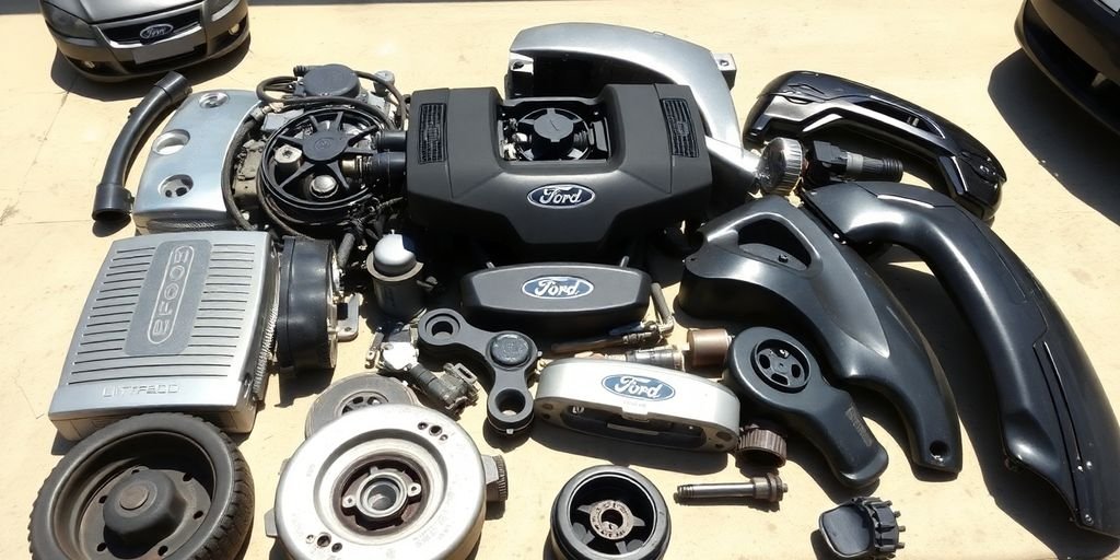 Ford car parts laid out neatly.