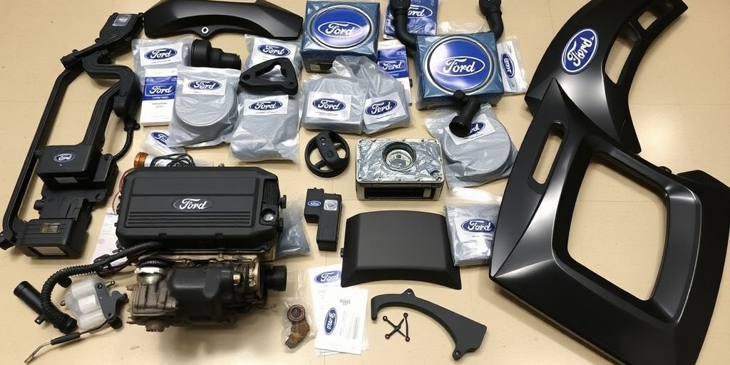 Ford parts arranged neatly.