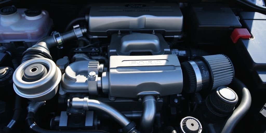 Ford Focus engine bay with various spare parts.