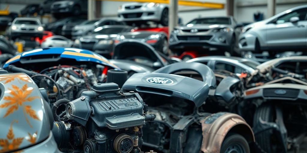 Ford car parts stacked in a workshop.