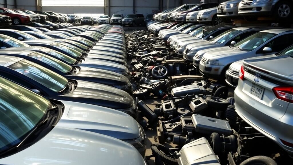 Rows of Ford vehicles in a salvage yard with many available parts.