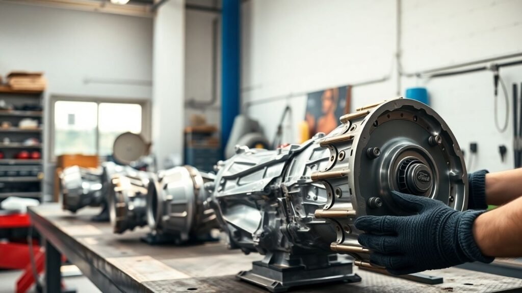 Ford transmission parts in a workshop