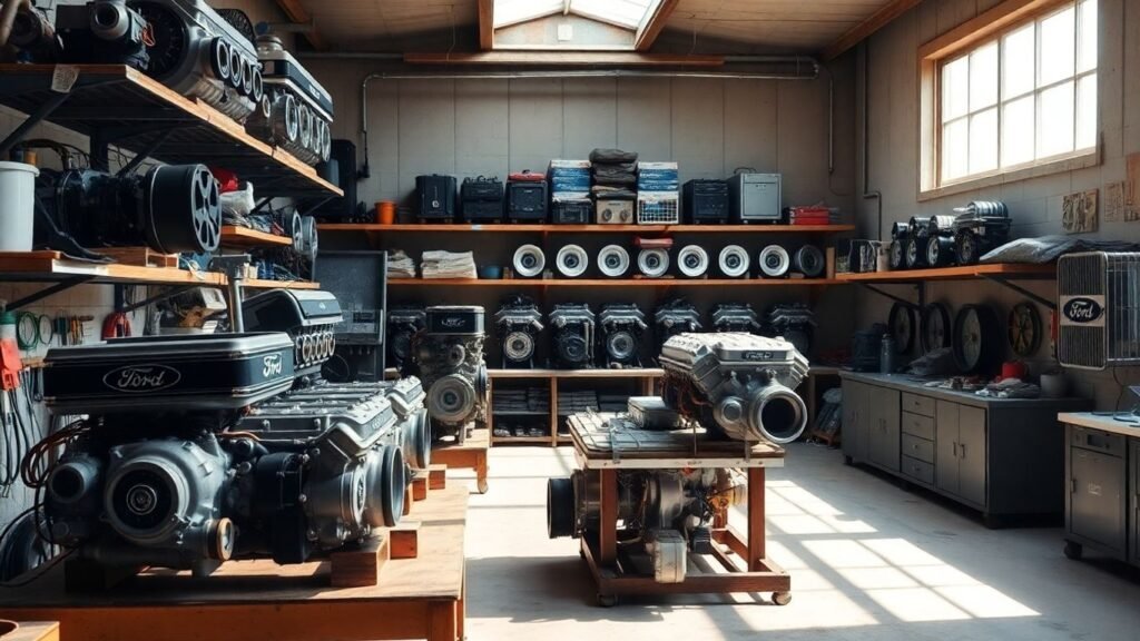 Ford engines and parts in a workshop