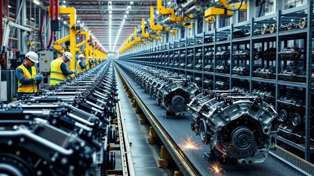 Ford engines on supplier line with technicians and robotic arms.