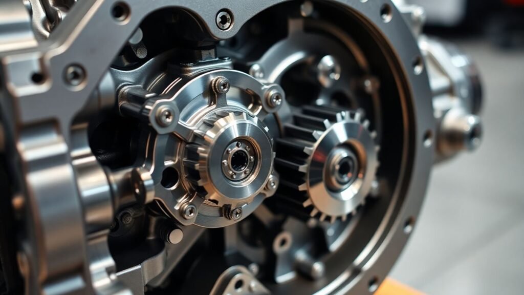 Close-up of a new Ford gearbox with visible metal gears.