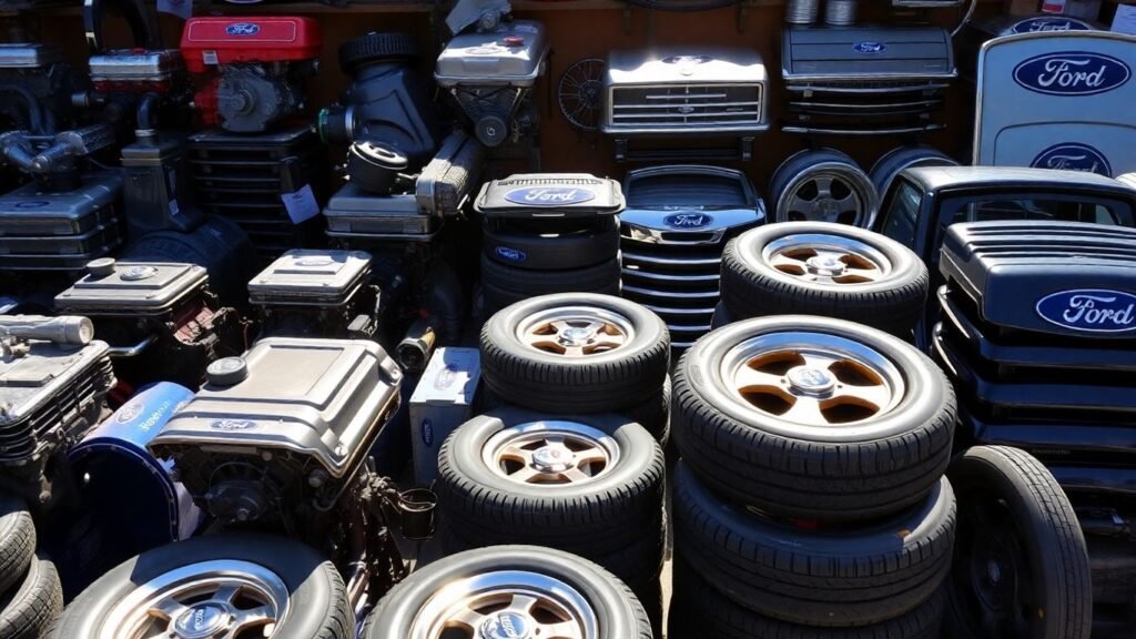 Ford car parts: engines, tires, body panels.